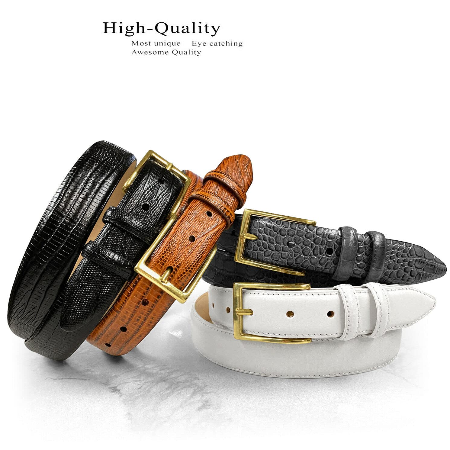 Adam Gold Men's Genuine Italian Calfskin Leather Dress Belt 1-1/8"(30mm) Wide Polished Buckle