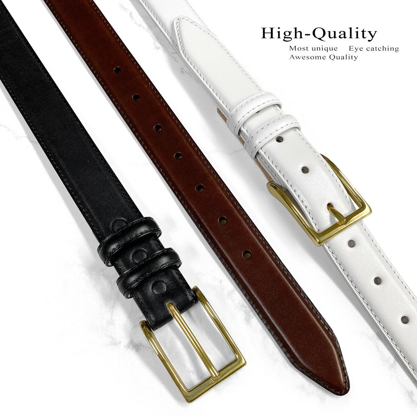 Adam Gold Men's Genuine Italian Calfskin Leather Dress Belt 1-1/8"(30mm) Wide Polished Buckle