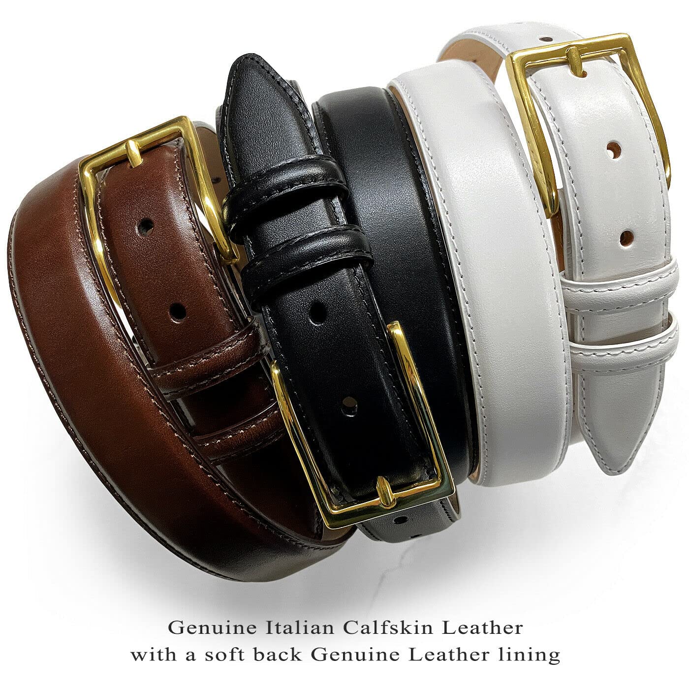 Adam Gold Men's Genuine Italian Calfskin Leather Dress Belt 1-1/8"(30mm) Wide Polished Buckle