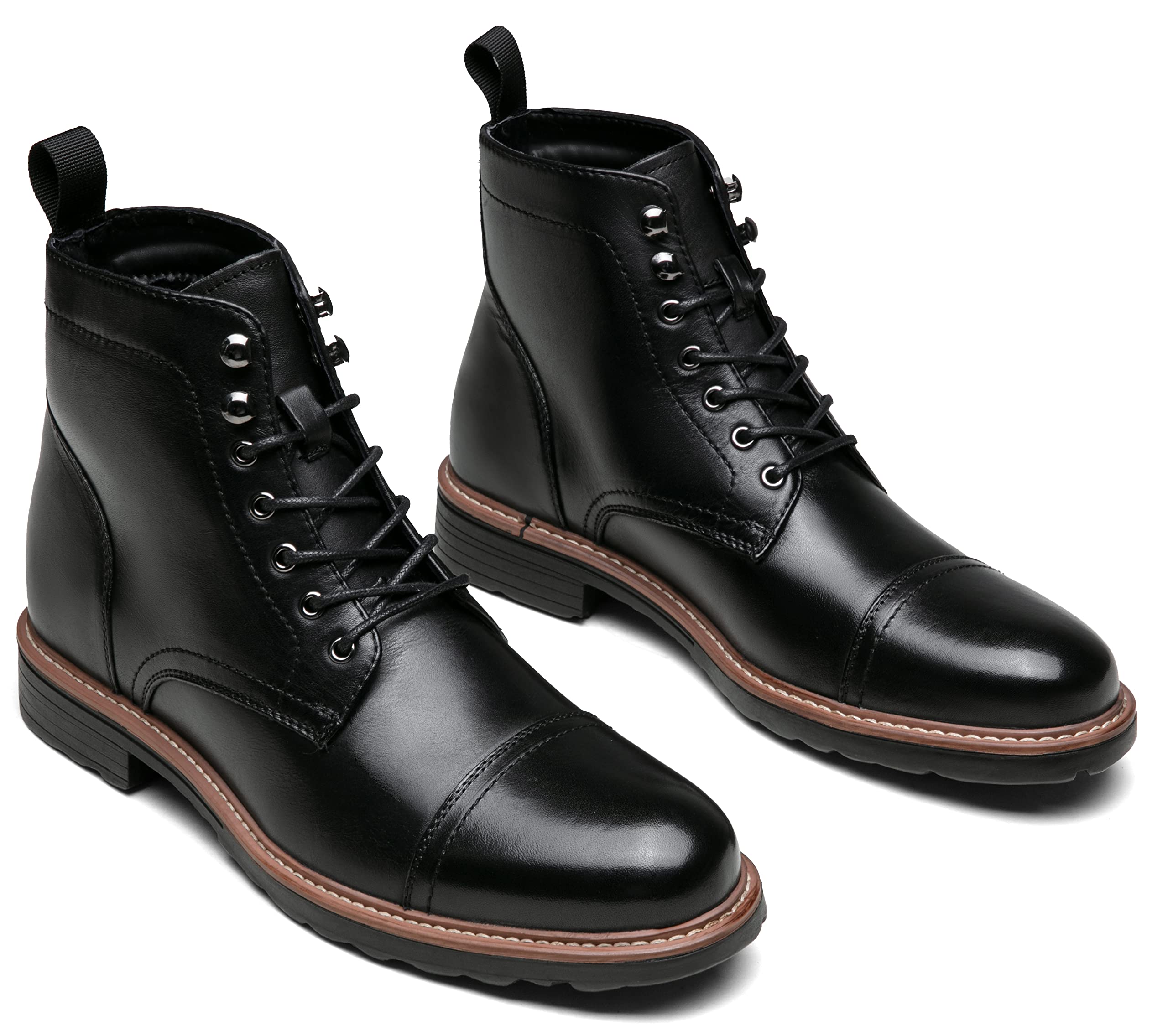 Jousen Leather Boots for Men Dress Retro Classic Design Mens Boots Cap Toe Boot Black Rubber Sole